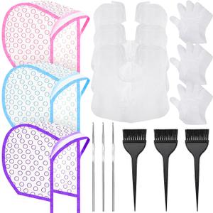 Boao 3 Sets Highlight Cap Sets, Highlighting Caps for Hair, Dye Bleach Cap With Hole And Hook, Dye Kit for Hair Frosting, Highlighting, Color Accessories (Assorted Colors)