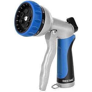 RESTMO Garden Hose Nozzle, Heavy Duty Metal Water Hose Nozzle with 7 Adjustable Spray Patterns, High Pressure Hand Sprayer with Flow Control, Best for Watering Plant & Lawn, Washing Car & Pet, Blue