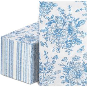 NatNarr 100 Pcs Blue Floral Guest Napkins Disposable Hand Towels for Bathroom Blue and White Paper Napkins Decorative Toile Napkin Chinoiserie Napkin for Wedding, Bridal & Baby Shower, Tea Party