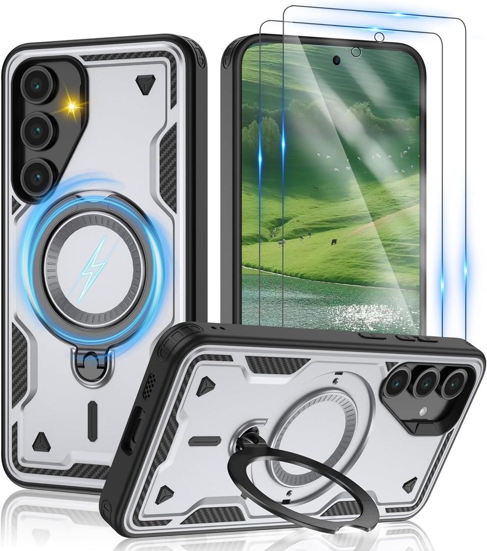 Gritup for Samsung Galaxy-S24-FE Case:Compatible with MagSafe & [HD Screen Protector2],Metal Rotated Kickstand,Military Grade Drop Proof Anti-Fingerprint Protective Case for Samsung S24 FE,Gray