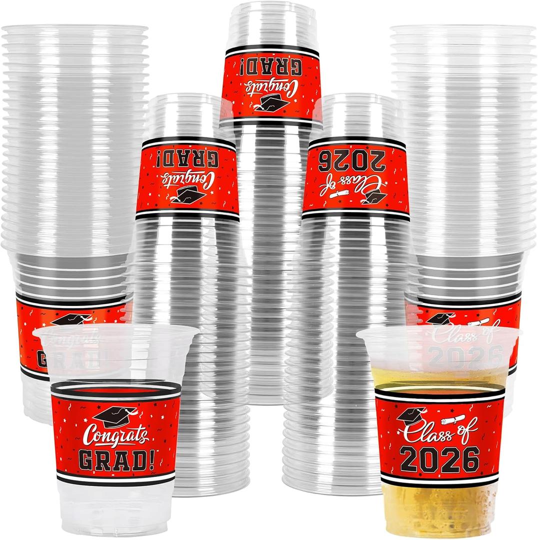 Gatherfun Class of 2026 Celebration - 100 Pcs 16oz Red Graduation Plastic Cups for Sturdy & Durable Drinkware for Grad Festivities | Essential Graduation Party Supplies & Decorations
