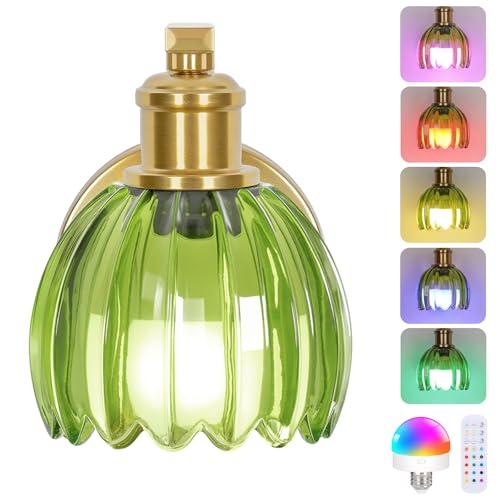 VerRon Rechargeable Battery Operated Wall Sconce with Green Glass Lampshade, Wireless Wall Scone Decor with Remote Control, 15 Colors Gold Wall Light for Bedside Hallway Bedroom Doorway