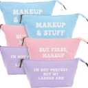 6 Pack Small Cosmetic Canvas Makeup Bags for Women with Zipper, 3 Colors and Designs (8 x 4 x 6 In) (Blue, Pink, Purple)