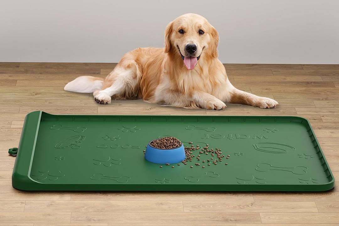 Dog Food Mat - Silicone Dog Mat for Food and Water - 36" x 24" Large Pet Feeding Mats with Residue Collection Pocket - Waterproof Dog Cat Bowl Mat with High Edges to Prevent Water Food Spills (Green)