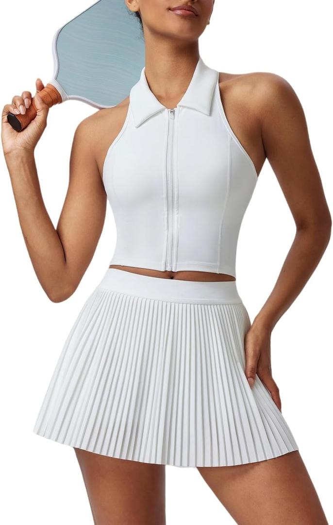 AFZ Women Pleated Tennis Skirt Set Two Piece Racerback Golf Outfits Pickleball Dresses with Shorts, Size Medium