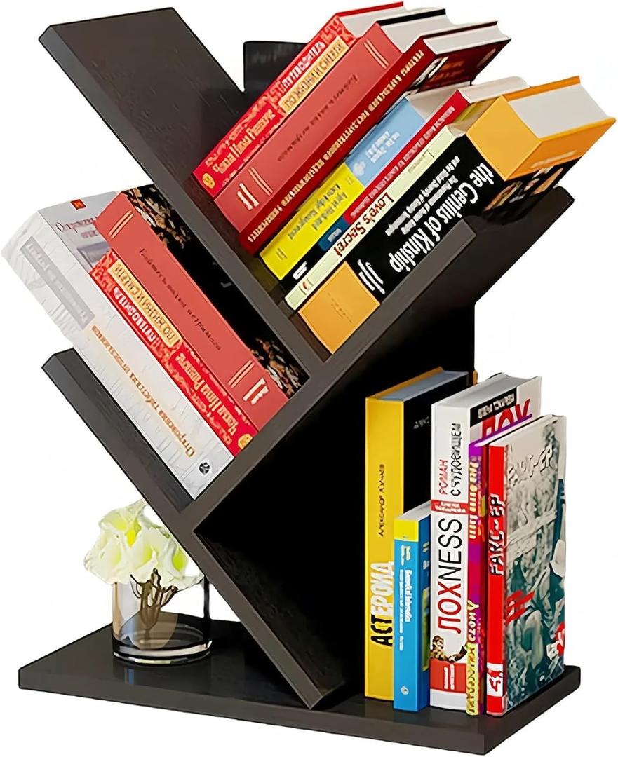 Godferyxin Tree Bookshelf, 3-Tier Wood Small Bookshelf and Mini Bookcase for Office, Home or School Desk Book Shelf for for Displaying Books, CDs, Magazines Wood Storage Rack, 6.7D x 12.2W x 16H in