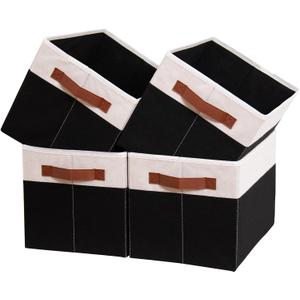 HOdo Home 4PCS Fabric Storage Bin with Hard Bottom Base and 2 Bold Handles, Collapsible Large Canvas Storage Baskets for Organizing Shelf Nursery Home Closet (Black&White, 14L10W9.5H) (14109.5in/4-Pack)