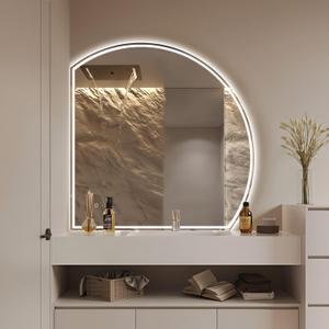 Niccy 32" Half Moon LED Mirror for Bathroom, Backlit/Front Lighted, Irregular 1/4 Round Lighted Mirrors with Bedroom Wall-Mirror, Frameless Mirrors for Entryway, Anti-Fog, Dimmable, Makeup-Mirrors