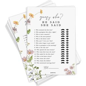 GardenCity Bridal Shower Games, He Said She Said Bridal Shower Game for 50 Guests, 50 Cards, Wildflower