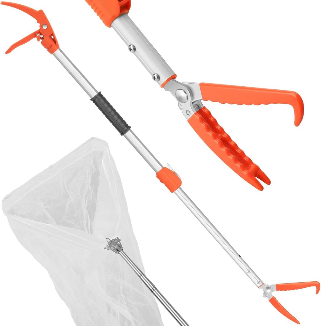 Kalkal 60" Snake Grabber Tool, Telescopic Aluminum Alloy Reptile Snake Tongs with Net, Professional Heavy Duty Rattle Snake Grabber Catcher Wide Jaw Pick-up Handling Tool with Lock