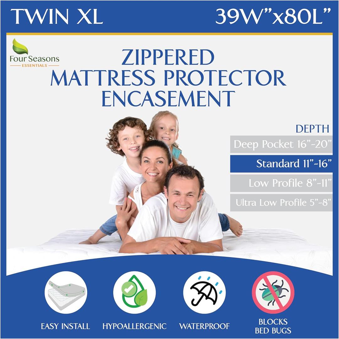 Twin Extra Long (XL) Mattress Protector Zippered Bed Bug Waterproof Encasement Hypoallergenic Premium Quality Cover Protects Against Dust Allergies White