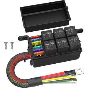 12V Fuse Relay Box 6 Way Relay Fuse Box Pre-Wired Waterproof Relays Box with 6 Relays and 12 ATC/ATO Fuses Relay Panel for Automotive Car Marine Boat