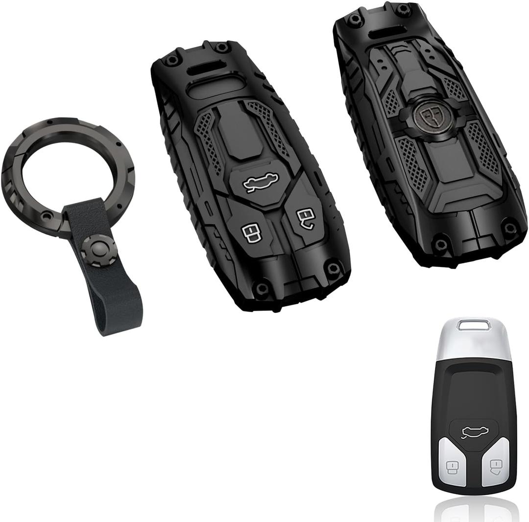 for Audi Key Fob Cover with Round Leather Keychain Heavy Metal Key Cover Durable Zinc Alloy Car Key Protection Case Compatible with Audi Q5 Q7 A3 A6 A4 TT SQ5 R8 S5 Accessories