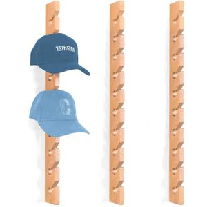 Solid Wood Hat Rack for Wall (3 Pack) - 30 Baseball Cap Organizer - Premium Beech Hat Holder & Vertical Display - Heavy Duty Hat Hangers for Closet, Door, Mens Room Decor (Natural)