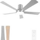52 Inch Outdoor Ceiling Fans with Lights and Remote, Brushed Nickel Flush Mount Ceiling Fan, 5 Reversible Blades, Dimmable LED, 3-Color Temperatures, 6 Speeds, for Bedroom, Living Room, Patio