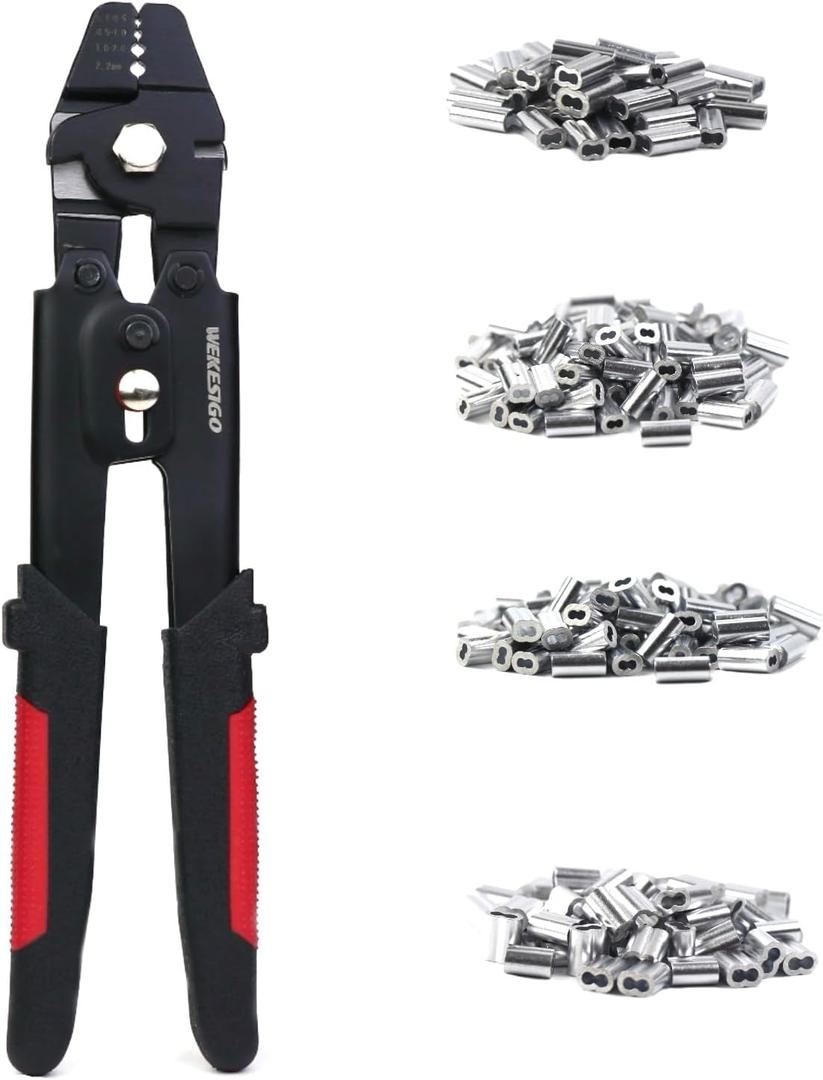 Wire Rope Swager Wire Rope Swaging Tool for Crimping Fishing Lines Up To 2.2mm with 200Pcs 4 sizes 1.0/1.2/1.5/2.0mm Aluminum Double Barrel Ferrule Crimping Loop Sleeve Kit(WKS-711K)