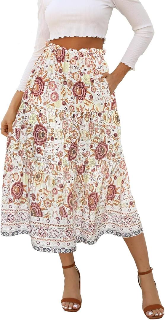 Naggoo Women's Skirts High Elastic Waisted Casual Skirt Pleated Floral/Solid Midi Skirts with Pockets Medium