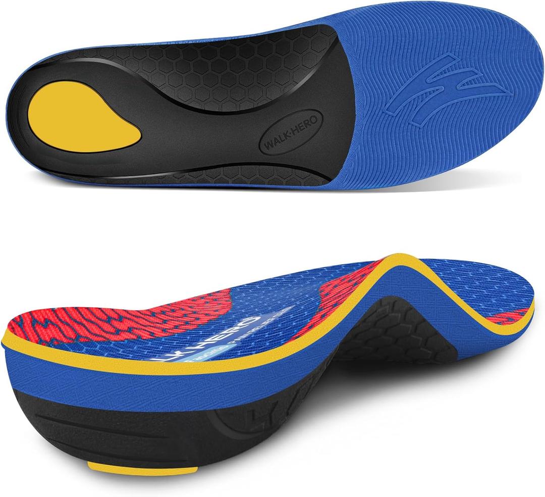 WalkHero Plantar Fasciitis Insoles - Arch Support Inserts for Men Women,Orthotic Insoles Foot Pain Relief,Shock Absorption and Heel Cushioning Cup Mens 5-5.5 | Womens 7-7.5 (Deep Blue Red)