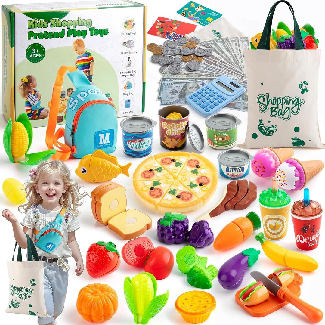 Pretend Play Food Sets for Toddlers, Kids Grocery Store Playset with Shopping Bags,Calculator, Cutting Play Food, Play Money, Sling Bag,Play Kitchen Accessories for Age 3+ Role-Play Games Gift