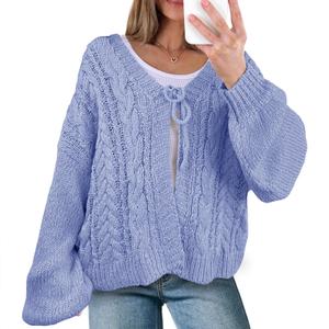 Saodimallsu Womens Tie Front Cardigan Sweaters Cable Knit V Neck Lantern Long Sleeve Casual Loose Sweater Coats, Light Blue, S