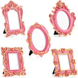 Maitys 5 Pcs Mini Picture Vintage Frames with Stands Tiny Antique Photo Baroque Ornate Resin Oval Frame Table Top Display Home Wedding Decor (Pink Gold)