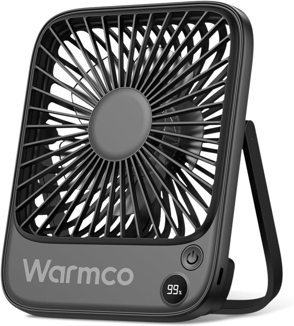 Warmco Portable Travel Fan 5000mAh, Ultra-thin Rechargeable Battery Operated Small Desk Fan, Quiet 4-Speed Personal Fans with 180 Tilt for Office, Camping, Cruise, Outdoor Black