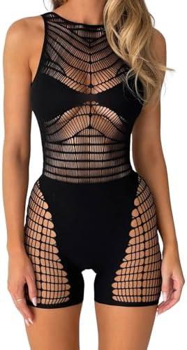 AVZXSA Womens Sexy Rompers for Summer 2025, Sleeveless Club Outfits Fishnet Shorts Bodysuit Rave Seamless Cutout Jumpsuits Medium, Black 