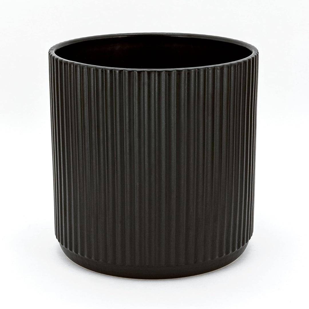 Amazon Basics Fluted Ceramic Round Planter with Drainage Hole, Indoor Outdoor Flower Pot, 8-inch, Black