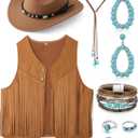 Suhine 9 Pack Western Outfits for Women Cowgirl Fringe Vest Boho Cowboy Hat Turquoise Jewelry Kit for Halloween Costume (XX-Large, Khaki)