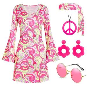 Deerjoke 60s 70s Disco Outfit Hippie Costume Women, 1970 Style Clothes Dress Accessories Jewelry Halloween, Pink, Small 
