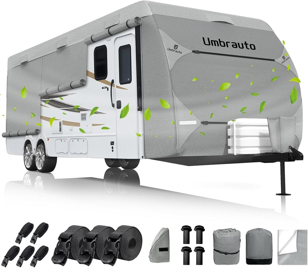 RV Cover Fits 35-38ft Travel Trailer: Lightweight, Waterproof Camper Cover for Toy Hauler, Winter Campsite, with Gutter Covers, Tongne Jack Covers, Windproof Straps