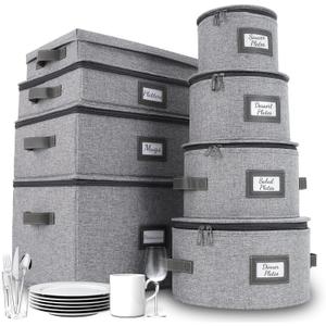 HOMELUX THEORY Hard Shell China Storage Containers, 8pc Light Gray Mug & Plate Storage Box, Kitchen Storage Bins With Lids, Heavy Duty Moving Box with Handles for Dishes, Silverware, Cup & Mug