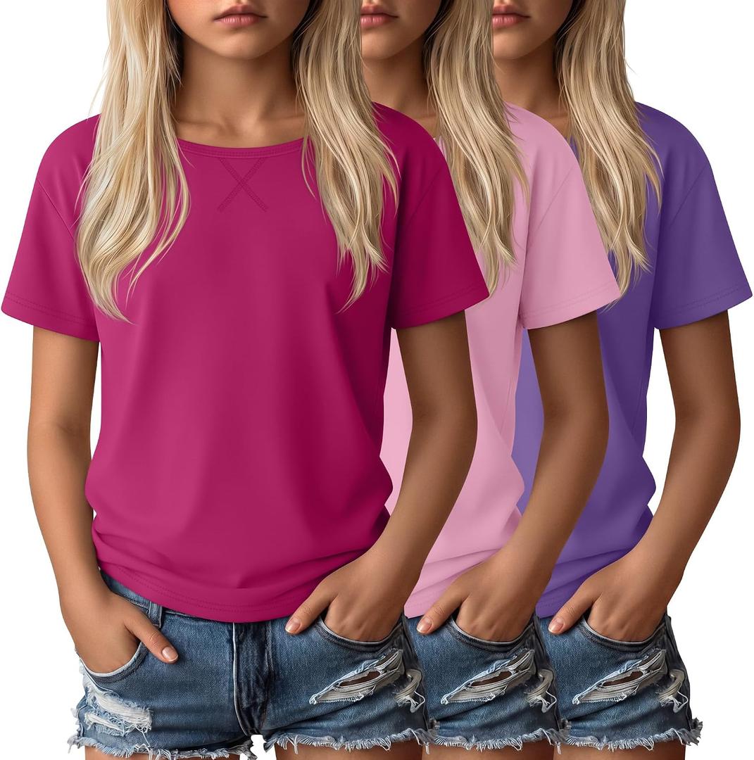 Oakgarden 3 Pack Girls' T Shirts Short Sleeve Tops Soft Boat Neck Cute Shirts Kids Lightweight Summer Loose Tees