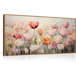 HPNIUB Large Hand-Painted Nature Wildflowers Framed Wall Art Pink Floral Canvas Oil Painting Modern Aesthetic Wall Decor Abstract Flower Artwork for Living Room Bedroom Decor -20"x40"
