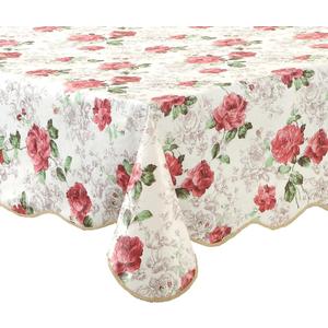 Floral Vinyl Tablecloth with Flannel Backing  60 x 90 Inch Wipeable Rose Print Table Cover for Dining Table, Kitchen or Parties  Waterproof, Durable Elegant for Indoor Outdoor Use