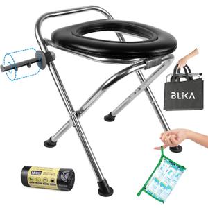 BLIKA Portable Toilet for Camping, 350LBS Stainless Steel Foldable Camp Travel Toilet with Soft Seat for Adults, Portable Potty for Camping, RV Travel, Road Trips, Includes Waste Bags with Gel