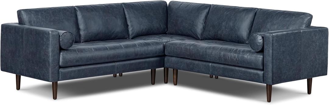 Poly & BARK Napa 98 Leather Corner Sectional Sofa Full-Grain Italian-Tanned Aniline Leather, Feather-Down Comfort, Solid Wood Frame Nightfall Blue, Nightfall Blue, 98" Corner Sectional Sofa