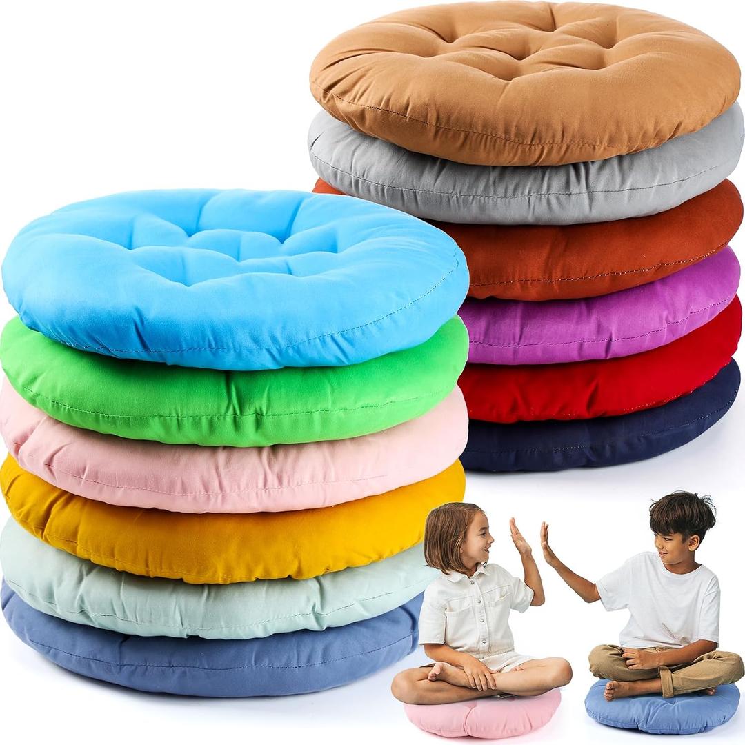 Fumete 12 Pcs Floor Pillows Cushions Seating 16 x 16 Inches Color Round Seat Reading Floor Chair Cushions for Kids Adults Classroom Home School Playing Supplies(Bright Color), 15 x 15 inches