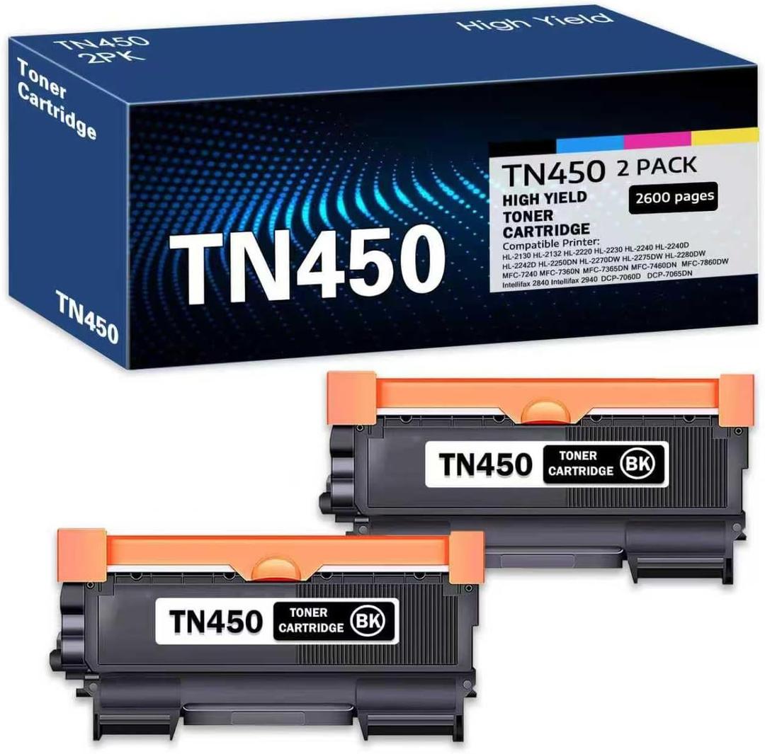 TN450 Compatible TN-450 Black High Yield Toner Cartridge Replacement for Brother TN-450 HL-2270dw Intellifax 2840 HL-2132 Toner (2 Pack).