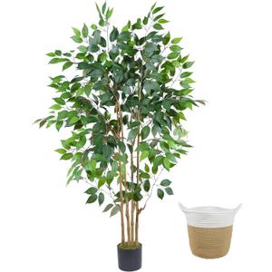 Artificial Ficus Tree, 5ft Tall Silk Fake Ficus Leaves Plant with Basket, Indoor Outdoor Faux Greenery Tree for Home Garden Office House Livingroom Dcor