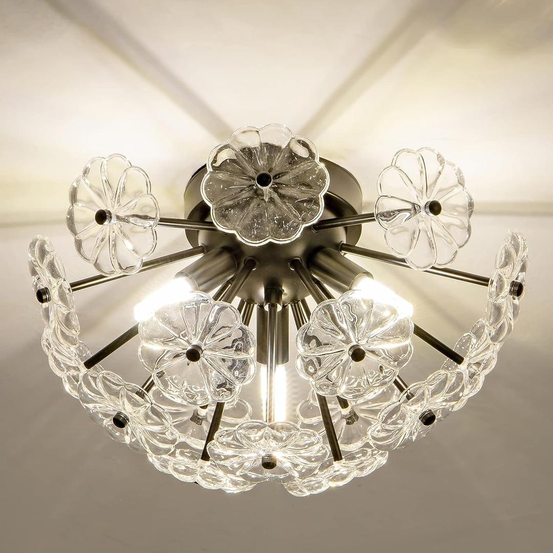 Semi Flush Mount Ceiling Light, Black Metal Flower Ceiling Light Fixtures, 3-Light Farmhouse Close to Ceiling Lamp Fixture for Bedroom Closet Kitchen Living Room Hallway(Dia 13.8")