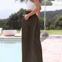 KISSMODA Womens Palazzo Lounge Pants Drawstring Elastic Waist Wide Leg Pants with Pockets Casual Boho Trousers (Brown, XL)