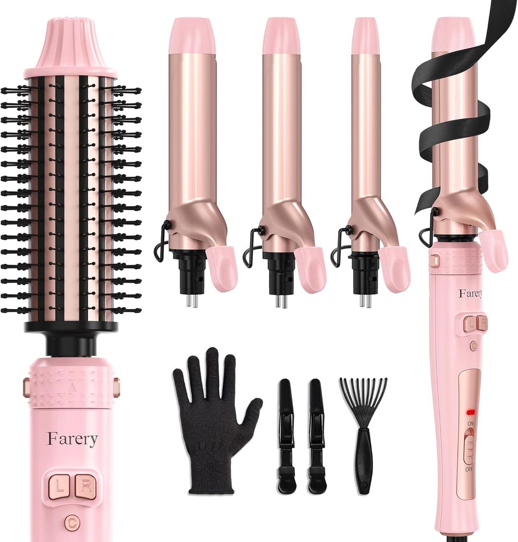 4-in-1 Interchangeable Automatic Rotating Curling Iron & Thermal Brush Set, 0.75''/1''/1.25'' Curling Iron & 1.5'' Heating Round Curling Brush, ONE Heat 410F, Pink
