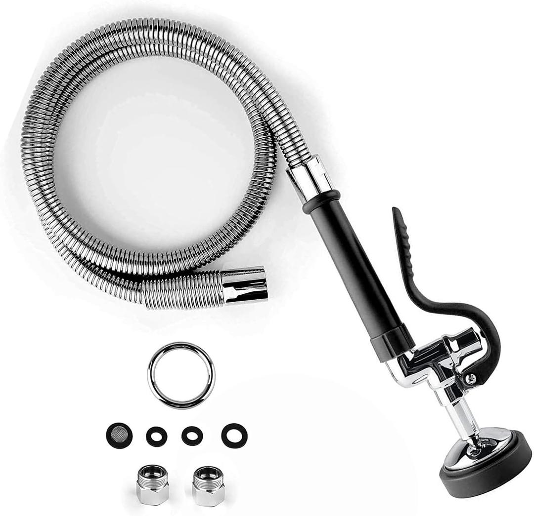 CWM Commercial Sink Sprayer with 45 Flexble Stainless Steel Hose, 1.42 GPM Pre Rinse Spray Valve with Ergonomic Handle, Commercial Kitchen Faucet Parts, Dish Sprayer for Restaurants (Black)