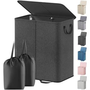Lifewit Double Laundry Hamper with Lid and Removable Laundry Bags, Large Collapsible 2 Dividers Dirty Clothes Basket with Handles for Bedroom, Laundry Room, Closet, Bathroom, College, 136L Black