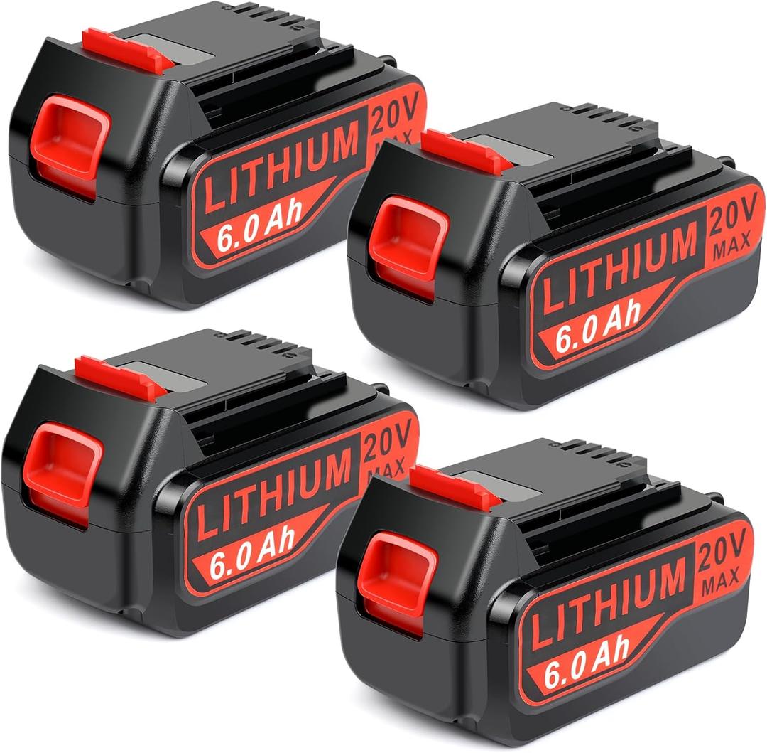 4-Pack High-Output 6Ah 20V Battery Replacement for Black+Decker 20V Battery Tools LB20 LBX20 LBXR20 LBXR20B LBXR2020 LBX4020 LB2X4020 LST220 Battery