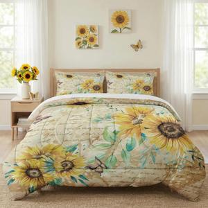 WeCozy Queen Size Comforter Set with 2 Pillowcases, Flower Rustic Thanksgiving Soft 3 Pcs Bedding for Kids and Adults, Sunflower Floral Yellow Comforter Set for Bedroom Bed Decor