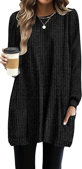 OFEEFAN Long Sleeve Shirts for Women Long Sweaters with Pockets Tunic Tops Loose Fit, Black , L