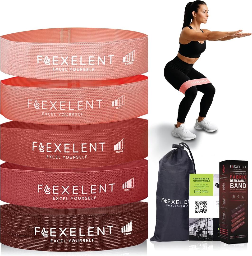 Fabric Resistance Bands for Working Out 5 Strength Levels from Extra Light to Extra Heavy Thick Workout Bands for Legs, Glutes, HIPS, Stretching, Strength Training with Storage Bag