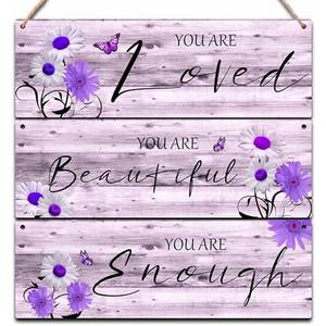 Set of 2 Pack, OXRUN 3 PCS Purple Floral Wall Art Hanging Decor, Inspirational Quotes You Are Beautiful Wood Decor, Valentine's Day Gift for Her Living Room Bathroom - A08